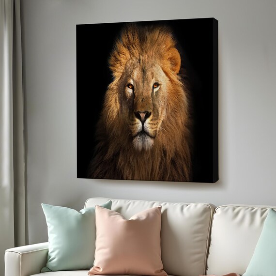 Majestic Lion Portrait Black Background Golden Mane Wildlife Wall Art Poster