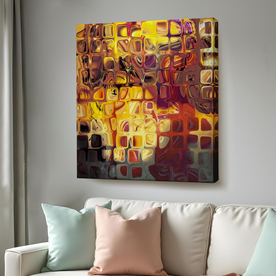 Amber Gold Glass Squares Abstract Warm Tones Geometric Mosaic Wall Art