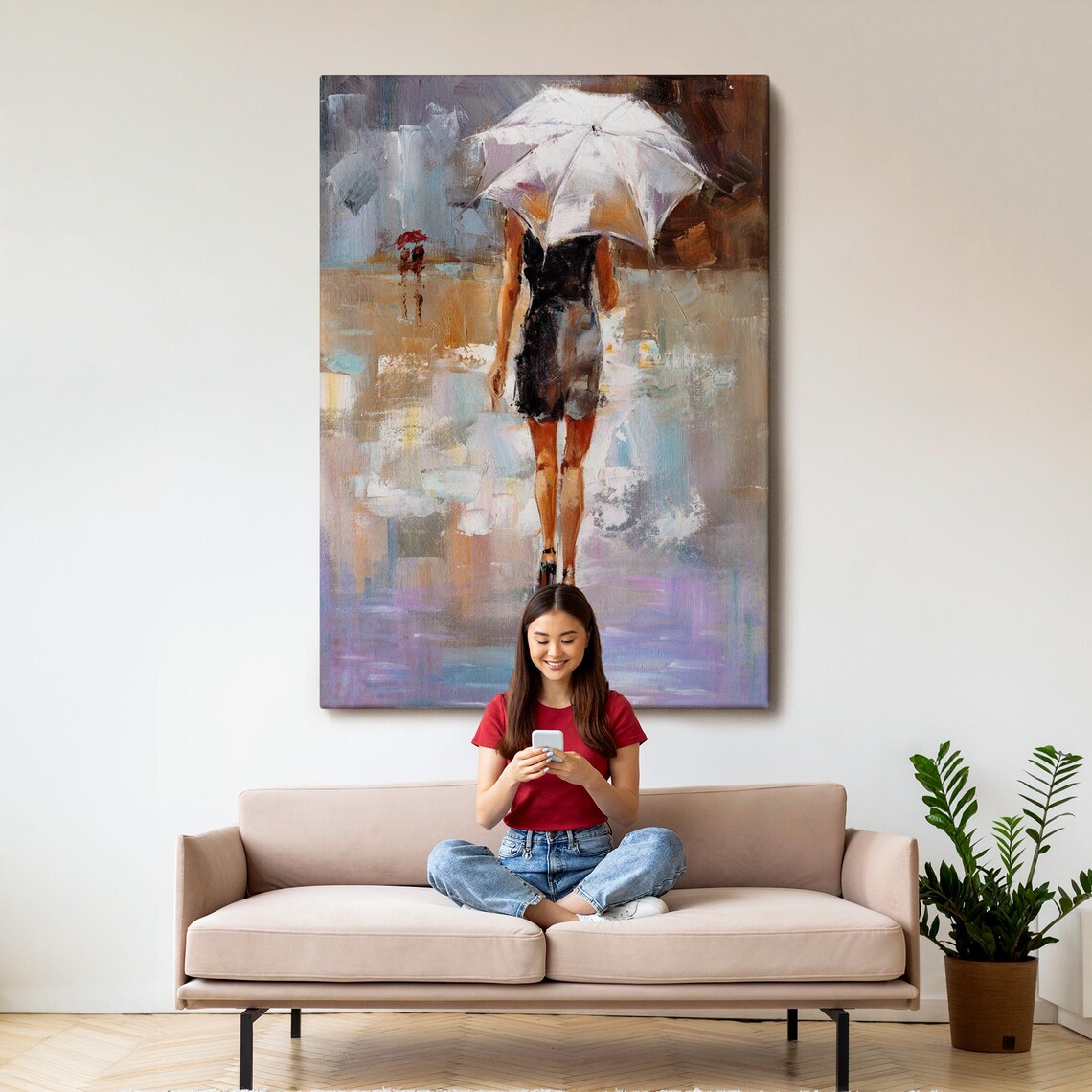 Woman With White Umbrella Walking In Rain Romantic City Oil Painting Wall Poster - Image 3