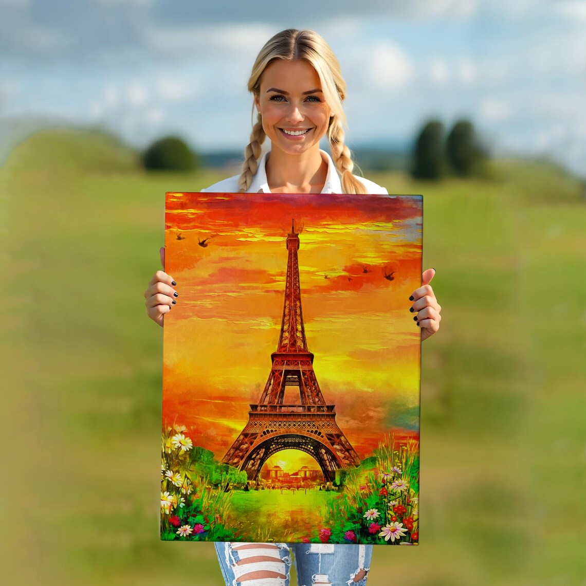 Eiffel Tower Sunset Fiery Orange Sky Flowers Paris Travel Poster - Image 5