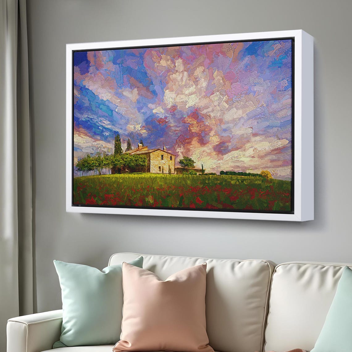 Tuscany Villa Red Poppy Field Cypress Sunset Sky Oil Painting Poster - Image 3