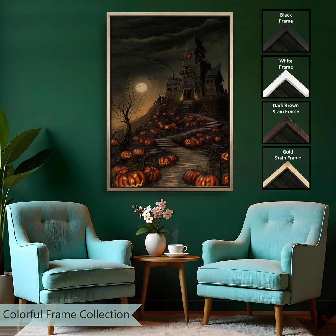 Haunted House On Hill Jack O Lanterns Halloween Night Spooky Wall Art - Image 2