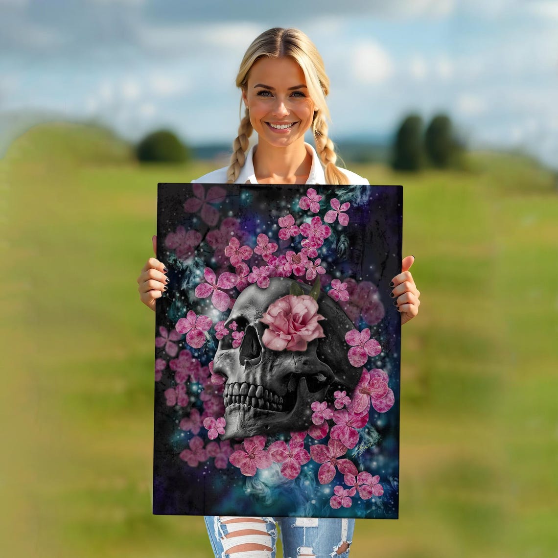 Black Skull With Pink Flowers Dark Botanical Surreal Gothic Wall Art - Image 5