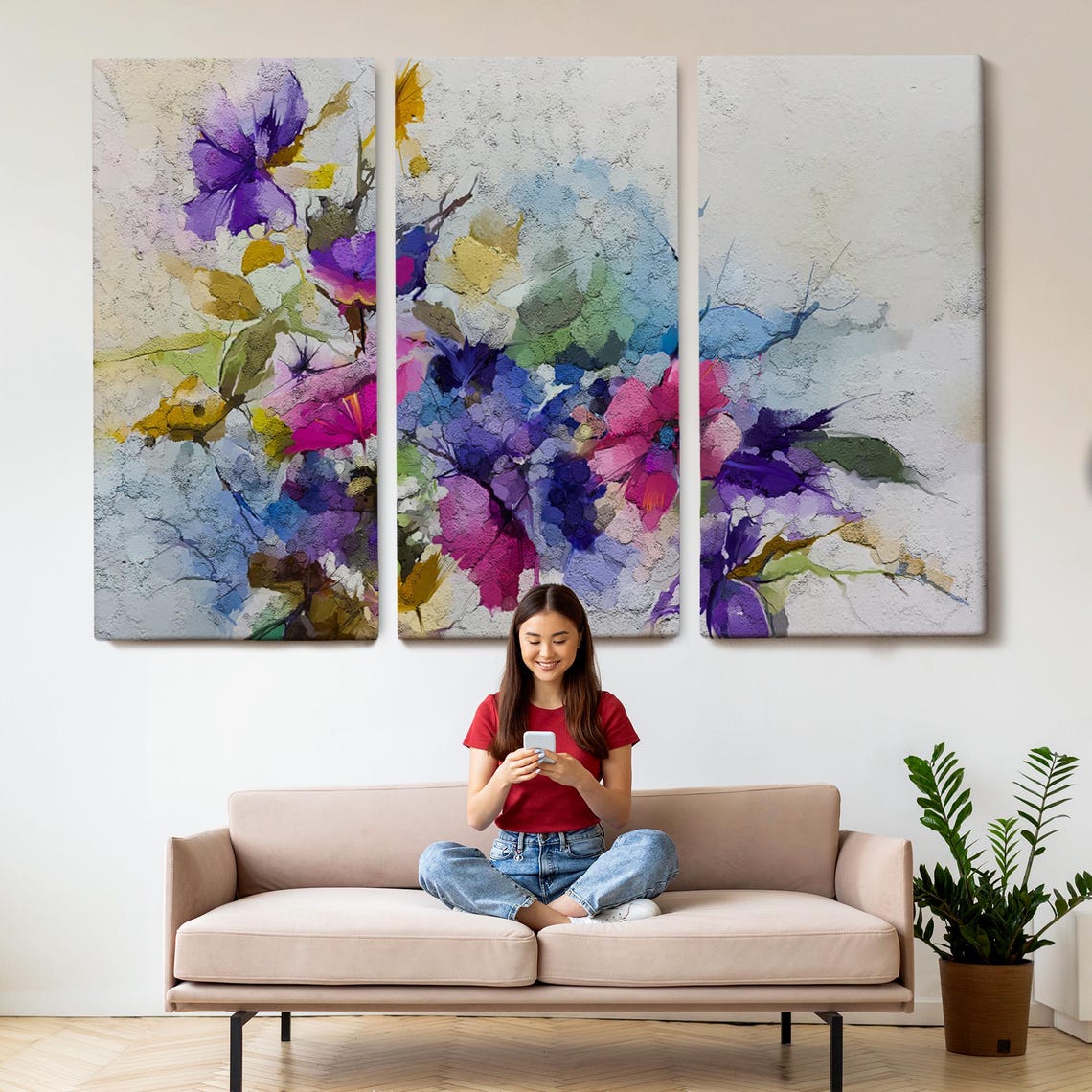 Modern Abstract Floral Watercolor Purple Blossoms White Art Poster - Image 2