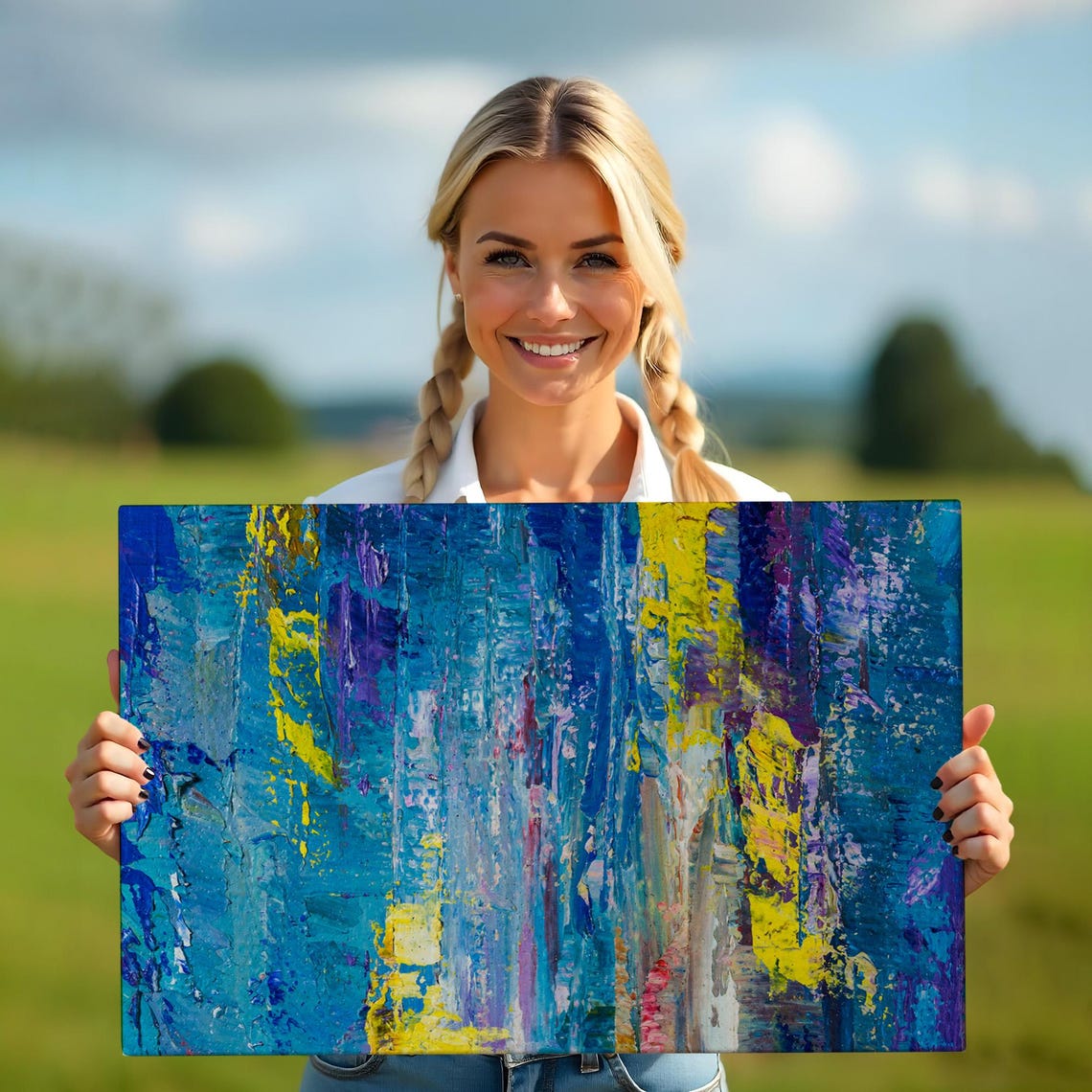 Abstract Blue Yellow Textured Oil Painting Vertical Strokes Wall Art - Image 5