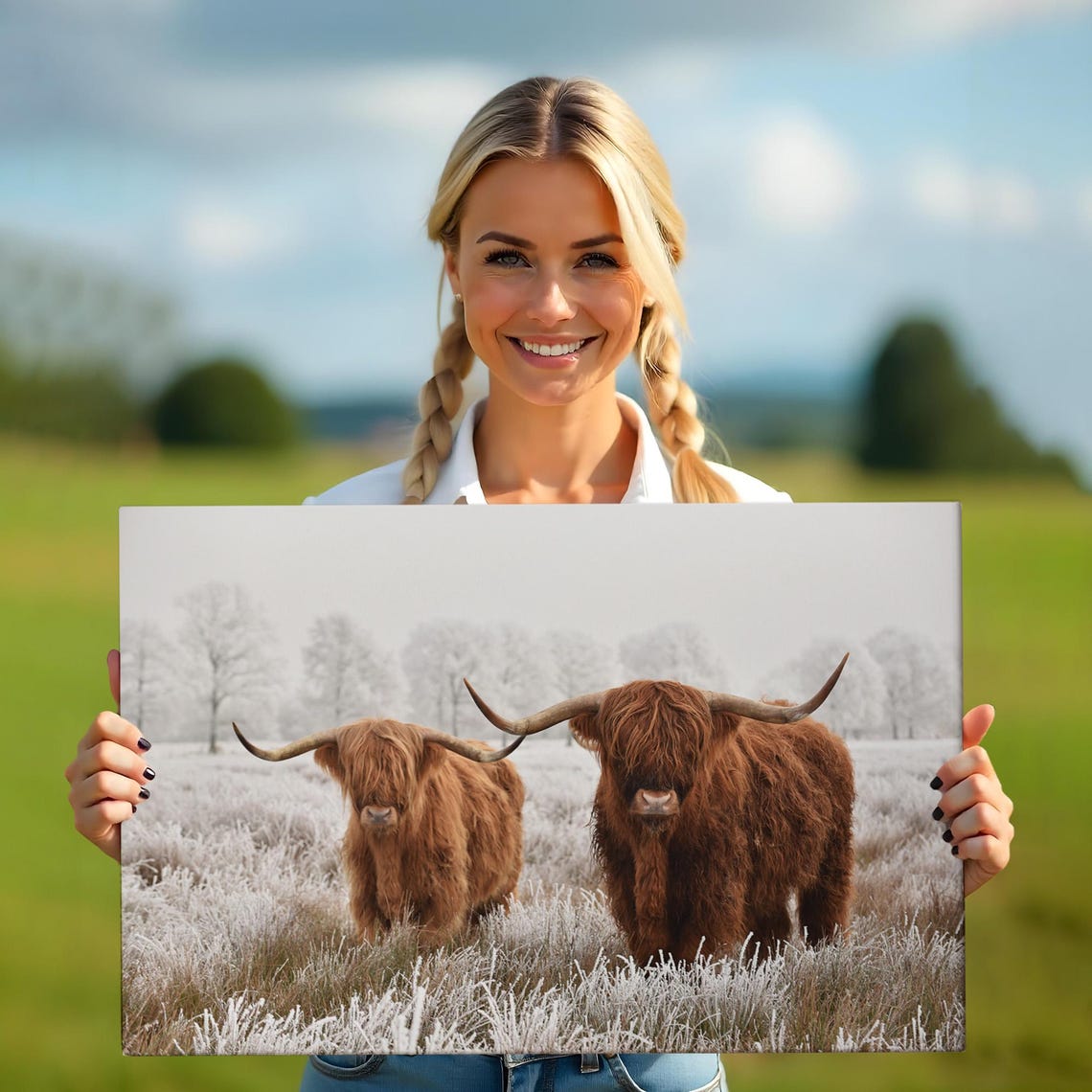 Scottish Highland Cattle Pair Frosty Winter Field Photography Poster - Image 5