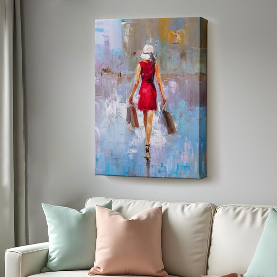 Woman in Red Dress Walking Away Oil Painting Style Modern Figurative Wall Poster