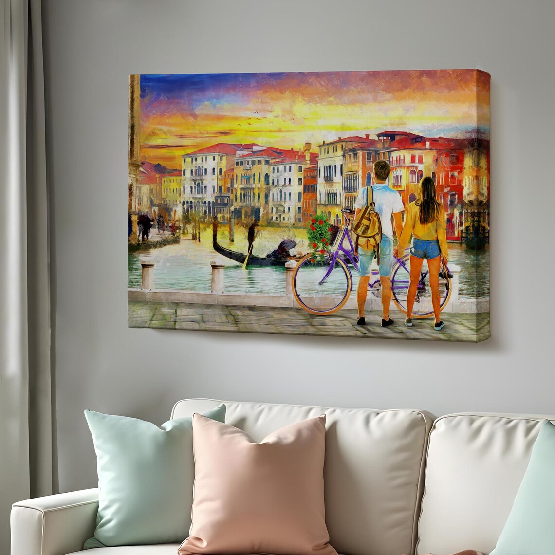 Romantic Venice Canal Sunset Couple With Bike Gondolas Italy Poster