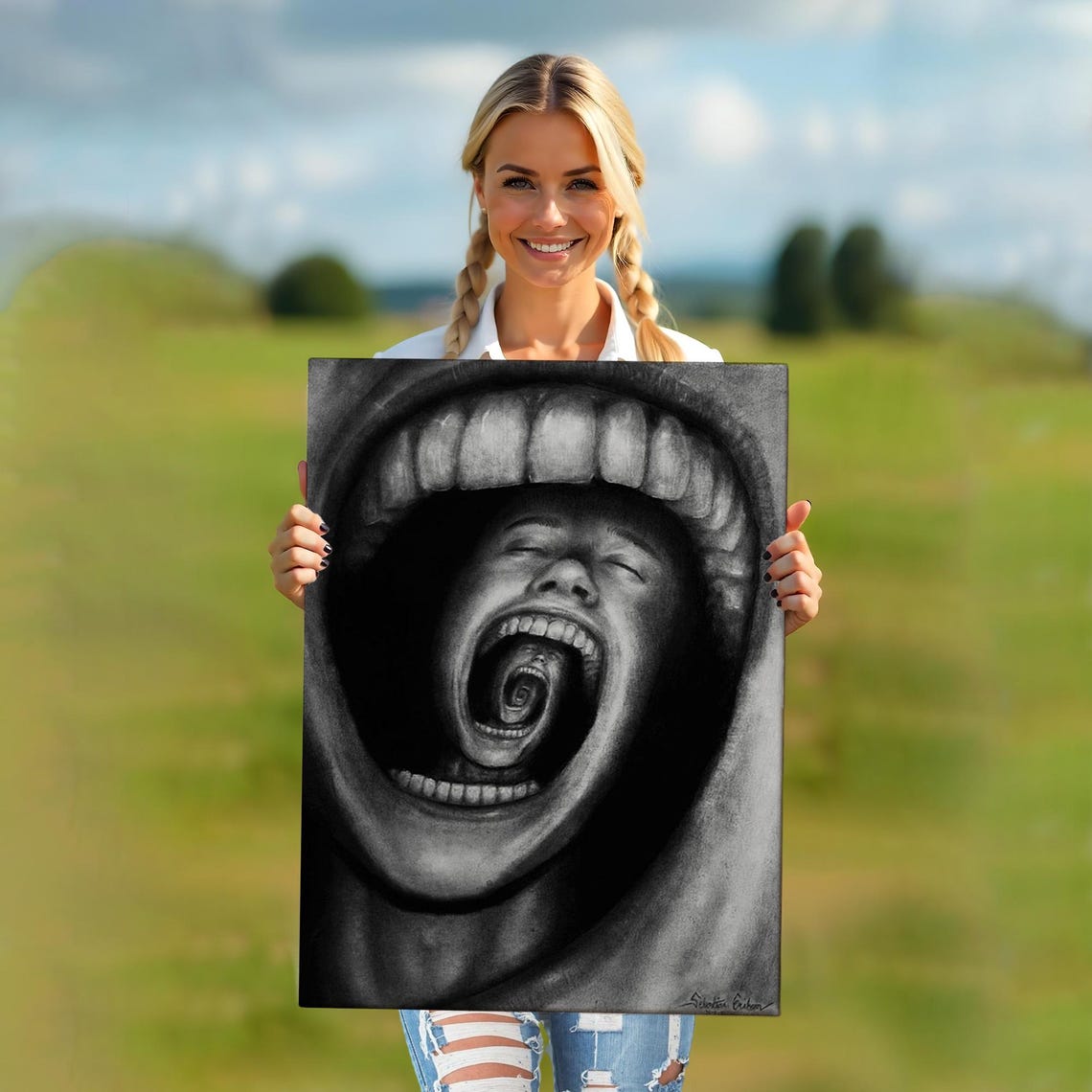 Surreal Screaming Mouth Infinite Spiral Charcoal Dark Art Poster - Image 5