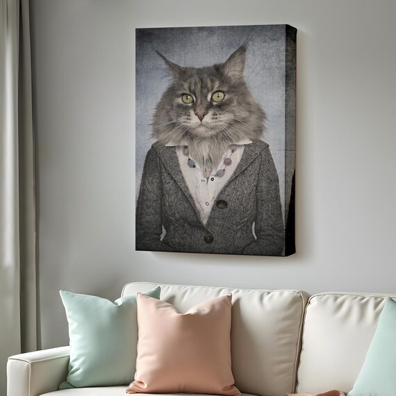 Funny Cat Headed Woman Portrait Painting Whimsical Animal Art Print Poster