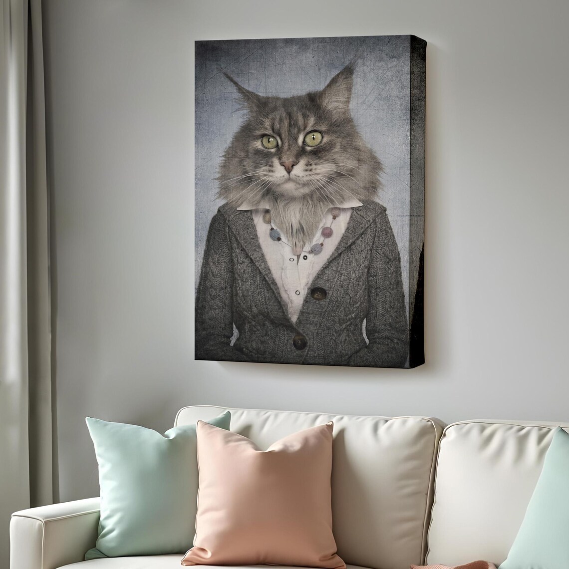 Funny Cat Headed Woman Portrait Painting Whimsical Animal Art Print Poster