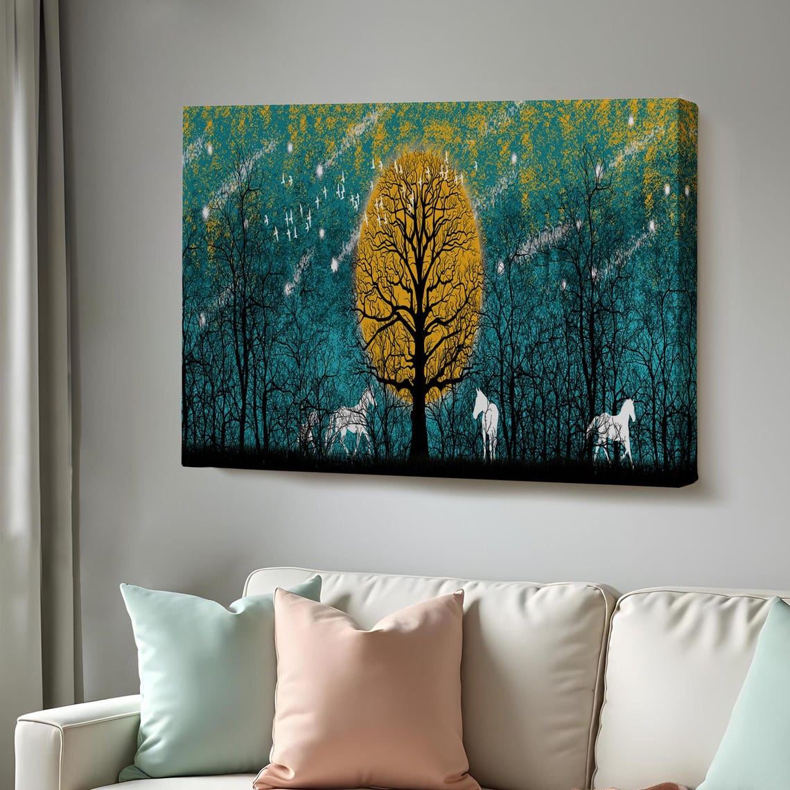 White Horses in Moonlit Forest Golden Full Moon Night Trees Art Poster