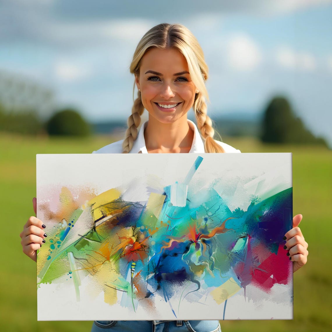 Abstract Colorful Brushstrokes White Canvas Modern Acrylic Art Poster - Image 5