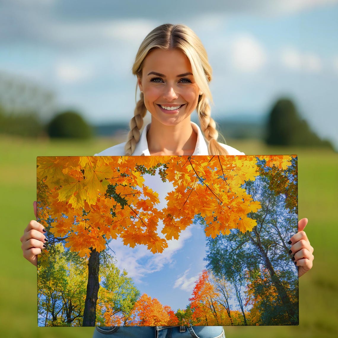 Golden Maple Canopy Autumn Leaves Blue Sky Nature Photography Poster - Image 5