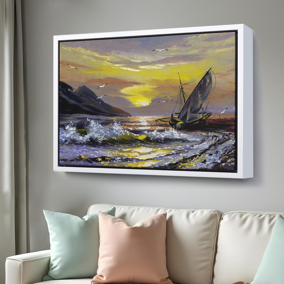 Sailboat Beached at Golden Sunset Waves Seagulls Seascape Art Poster - Image 3
