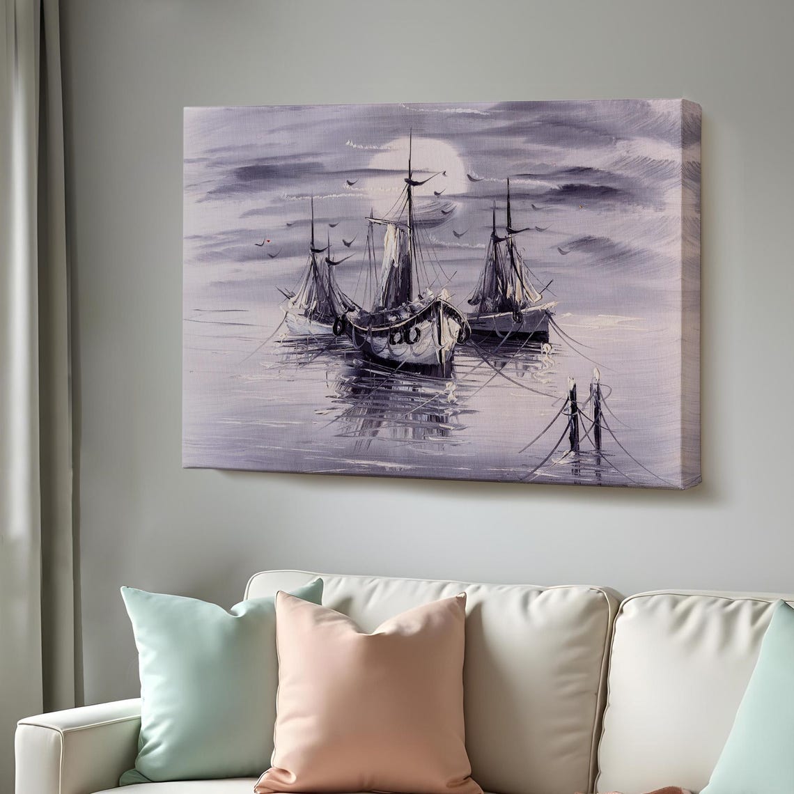 Moonlit Harbor Sailing Boats Purple Gray Night Seascape Poster