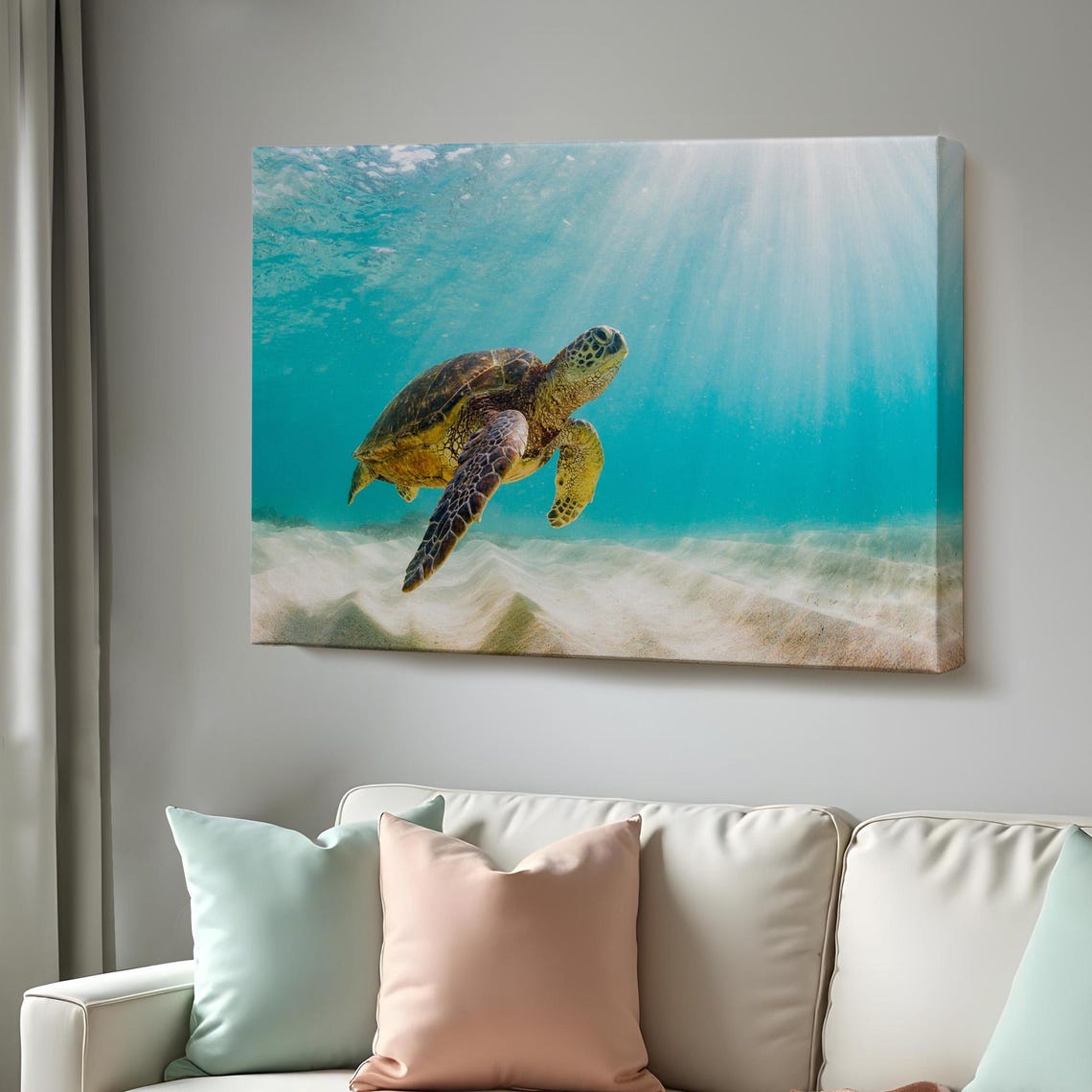 Sea Turtle Swimming Sunlit Turquoise Water Underwater Ocean Poster