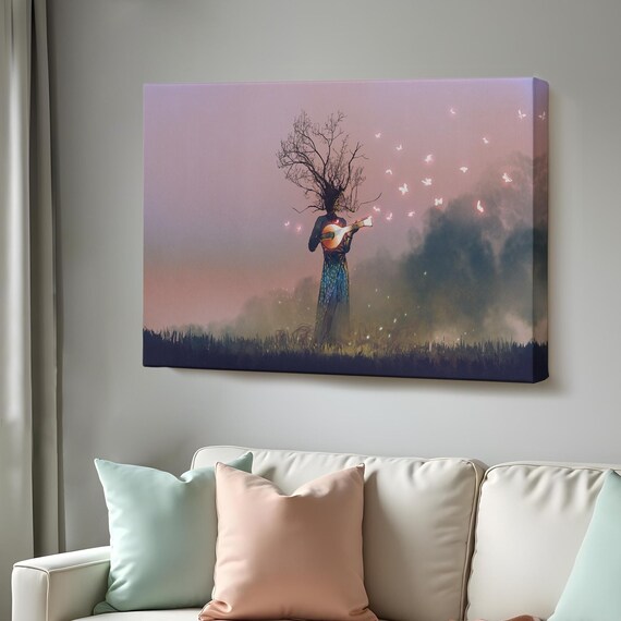 Surreal Tree Head Woman Playing Lute Butterflies Dreamy Fantasy Art Poster