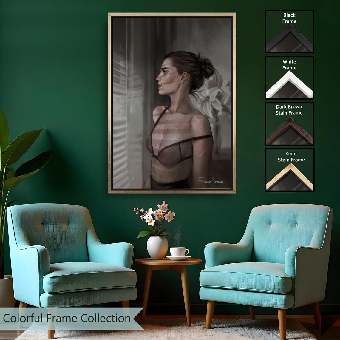 Moody Woman Portrait by Window Grayscale Elegant Fine Art Canvas Poster - Image 2