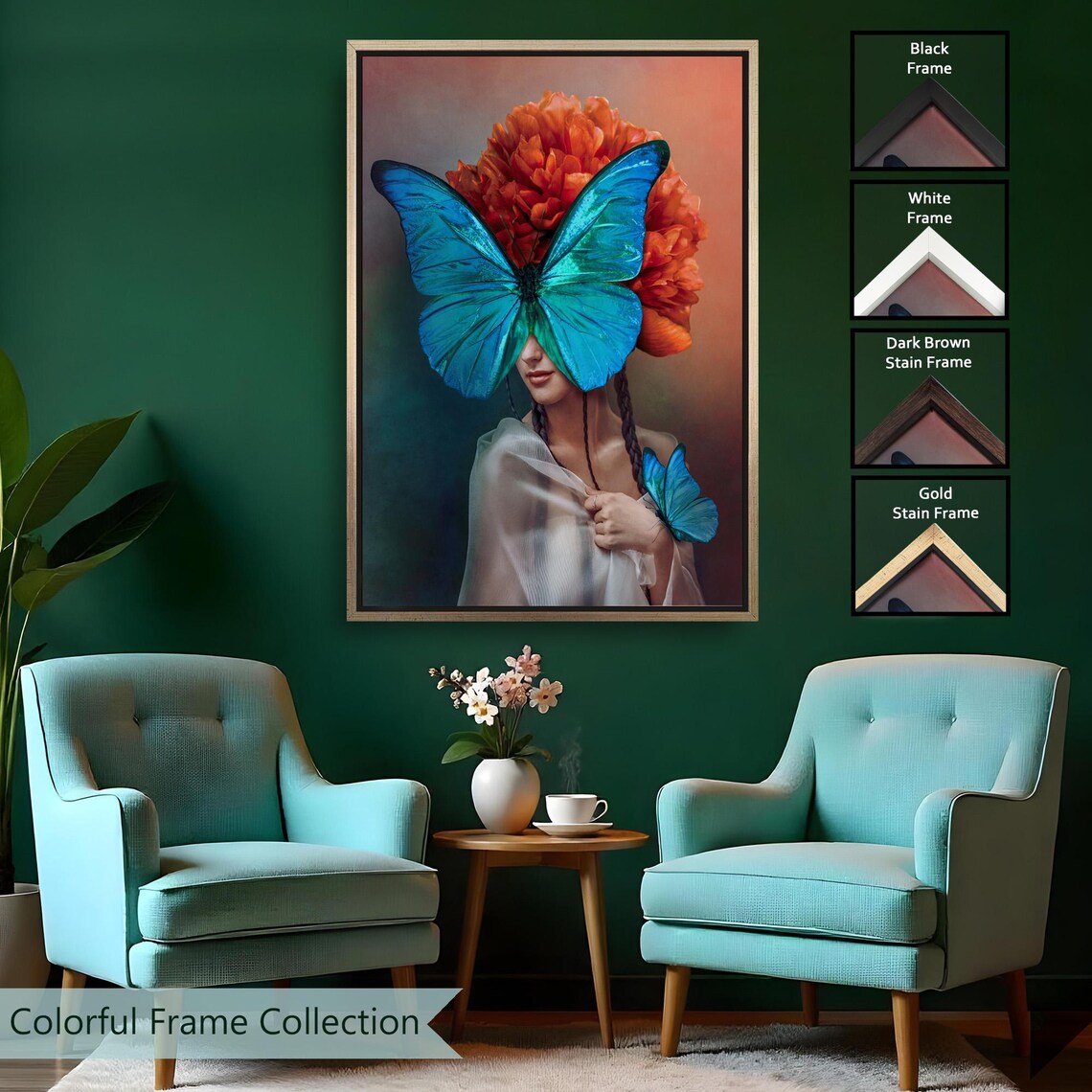 Surreal Blue Butterfly Woman Portrait Orange Flowers Art Poster - Image 2