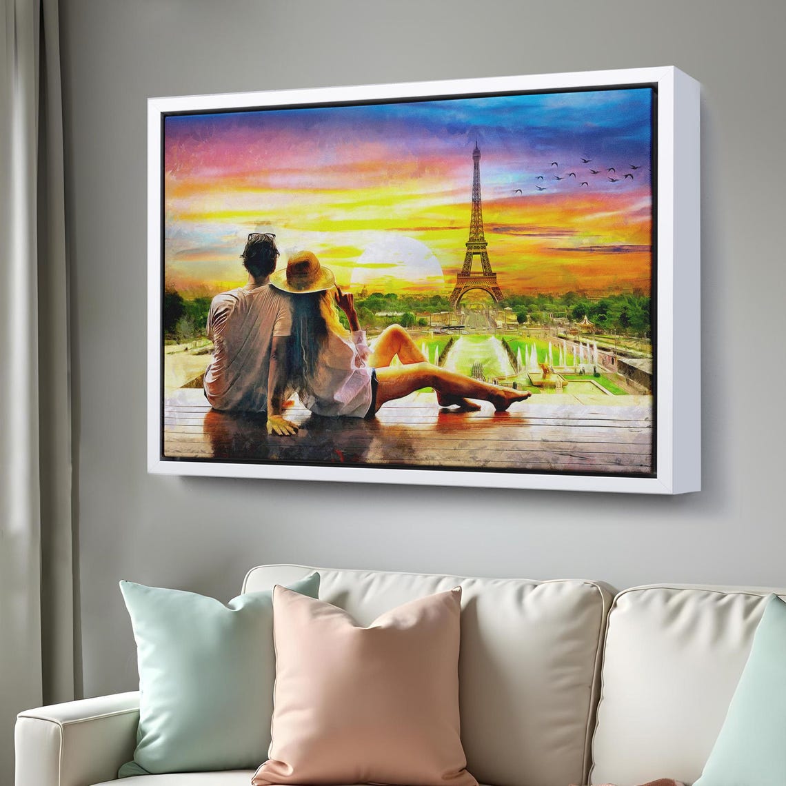 Paris Eiffel Tower Sunset Romantic Couple Overlook Painting Poster - Image 3