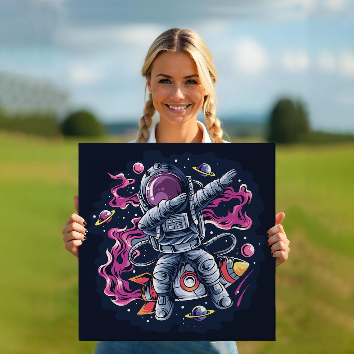 Dabbing Astronaut Riding Rocket Past Planets Space Illustration Poster - Image 5