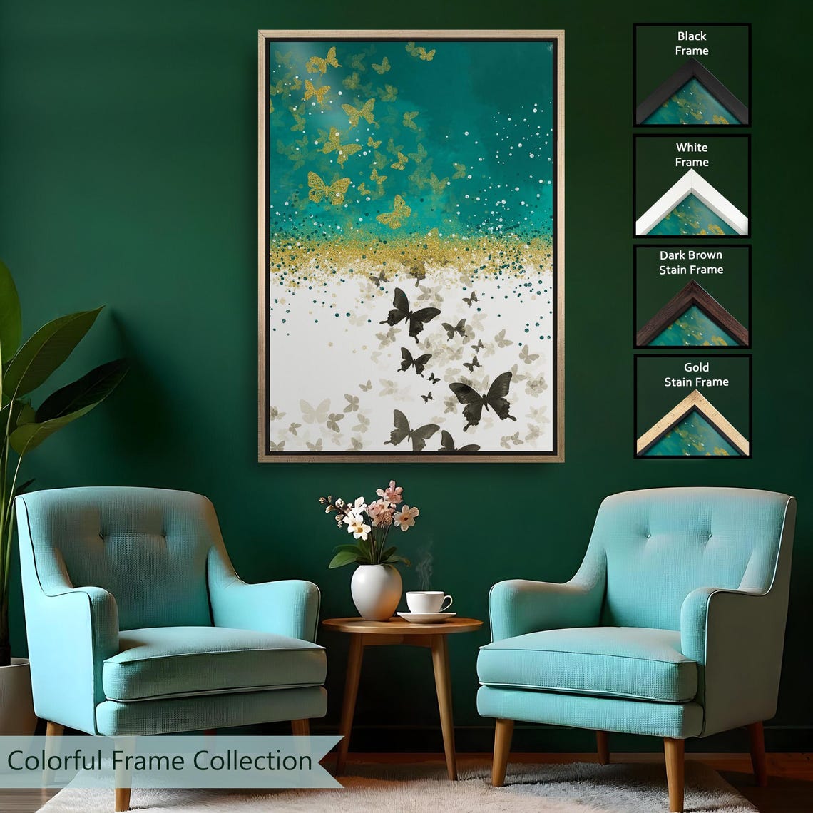 Gold Black Butterflies on Teal Elegant Modern Abstract Canvas Wall Art - Image 2