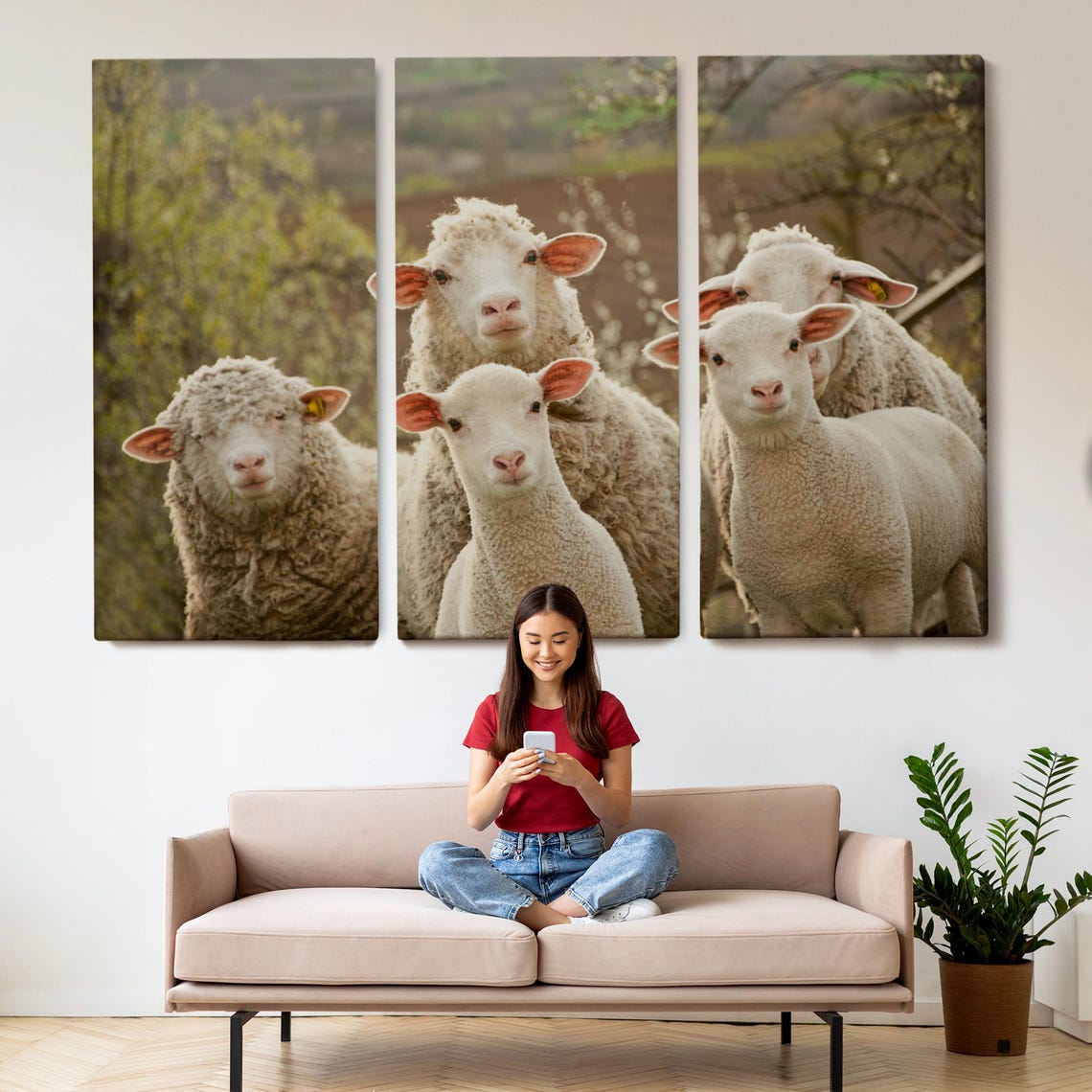 Flock Of Sheep And Lambs Looking At Camera Spring Pasture Photo Poster - Image 2