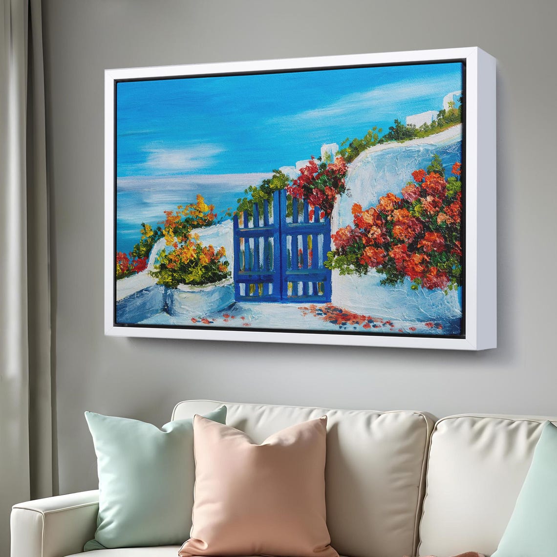 Greek Island Blue Door Whitewashed Wall Bougainvillea Sea View Poster - Image 3