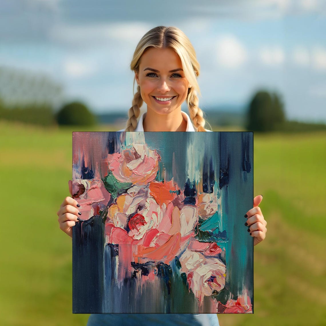 Abstract Pink Roses Impasto Painting Dark Teal Background Art Poster - Image 5