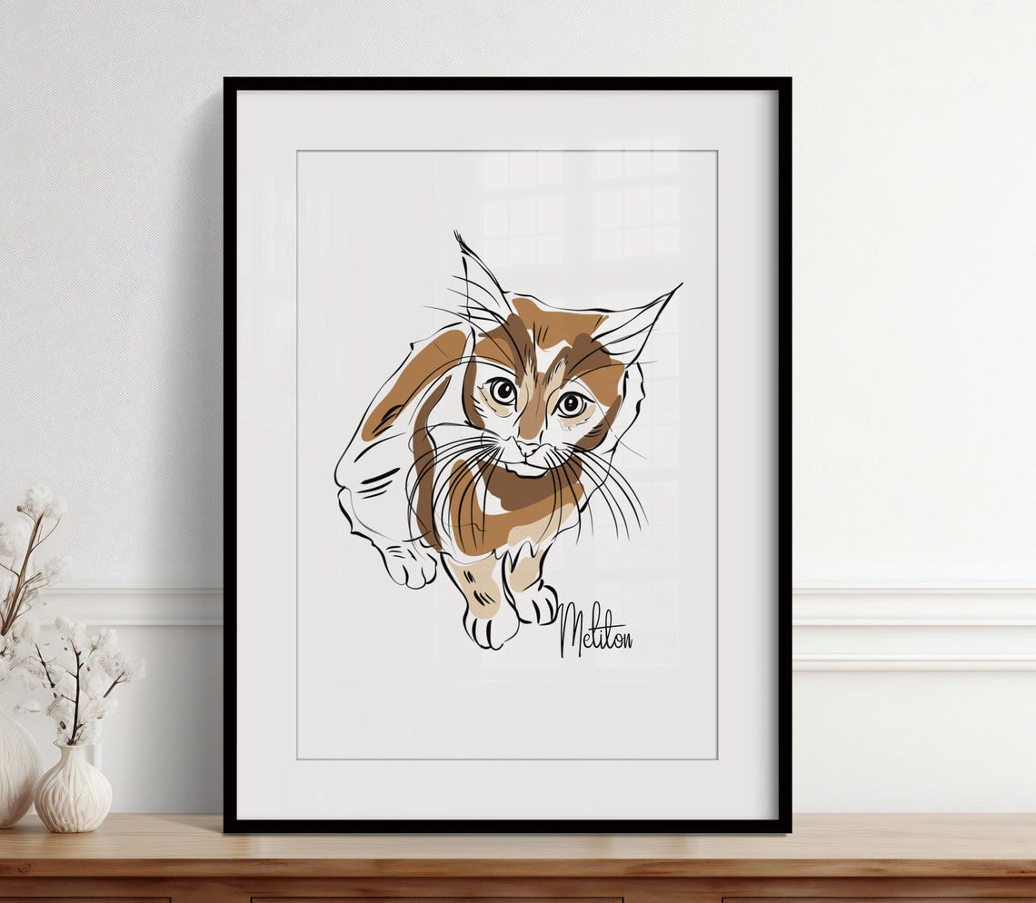 Fluffy Puppy Line Drawing Gray Taupe Custom Pet Portrait Poster - Image 3
