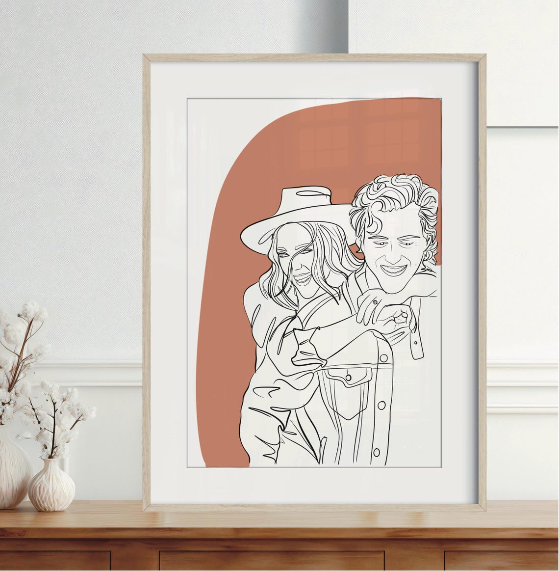 Father and Son Flexing Muscles Line Drawing on Burnt Orange Poster - Image 3