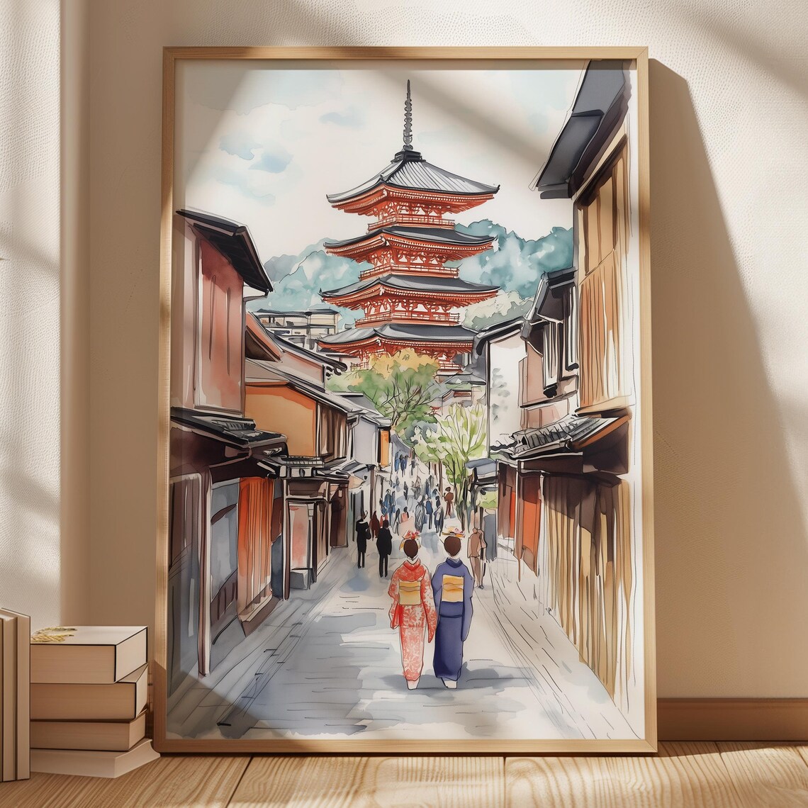 Kyoto Japan Yasaka Pagoda Kimono Street Scene Watercolor Poster