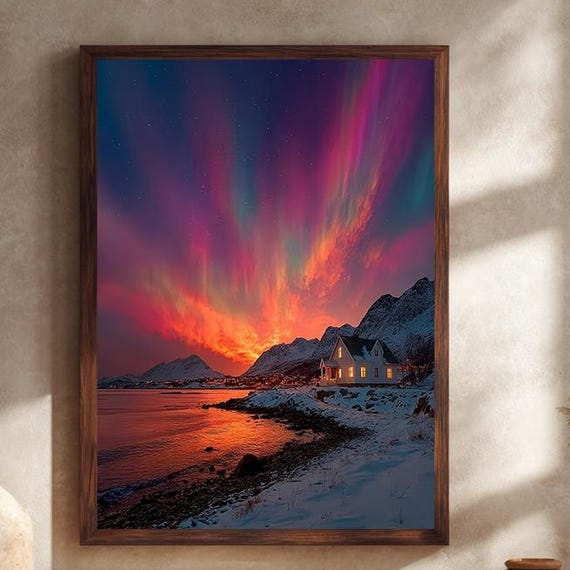 Northern Lights Winter Cabin Canvas Wall Art Arctic Landscape With Aurora Borealis And Snowy Mountain Print Home Decor