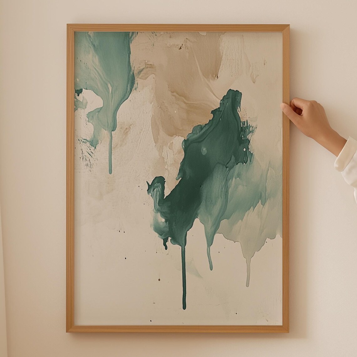 Emerald Green Ink Wash Drip Abstract Beige Modern Japandi Wall Poster