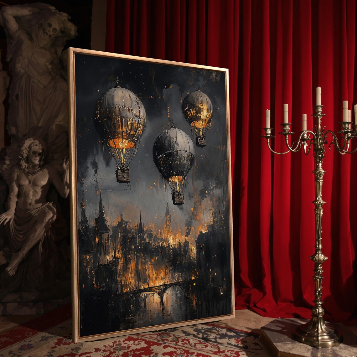 Steampunk Hot Air Balloons Over Medieval Cityscape Night Art Poster - Image 4