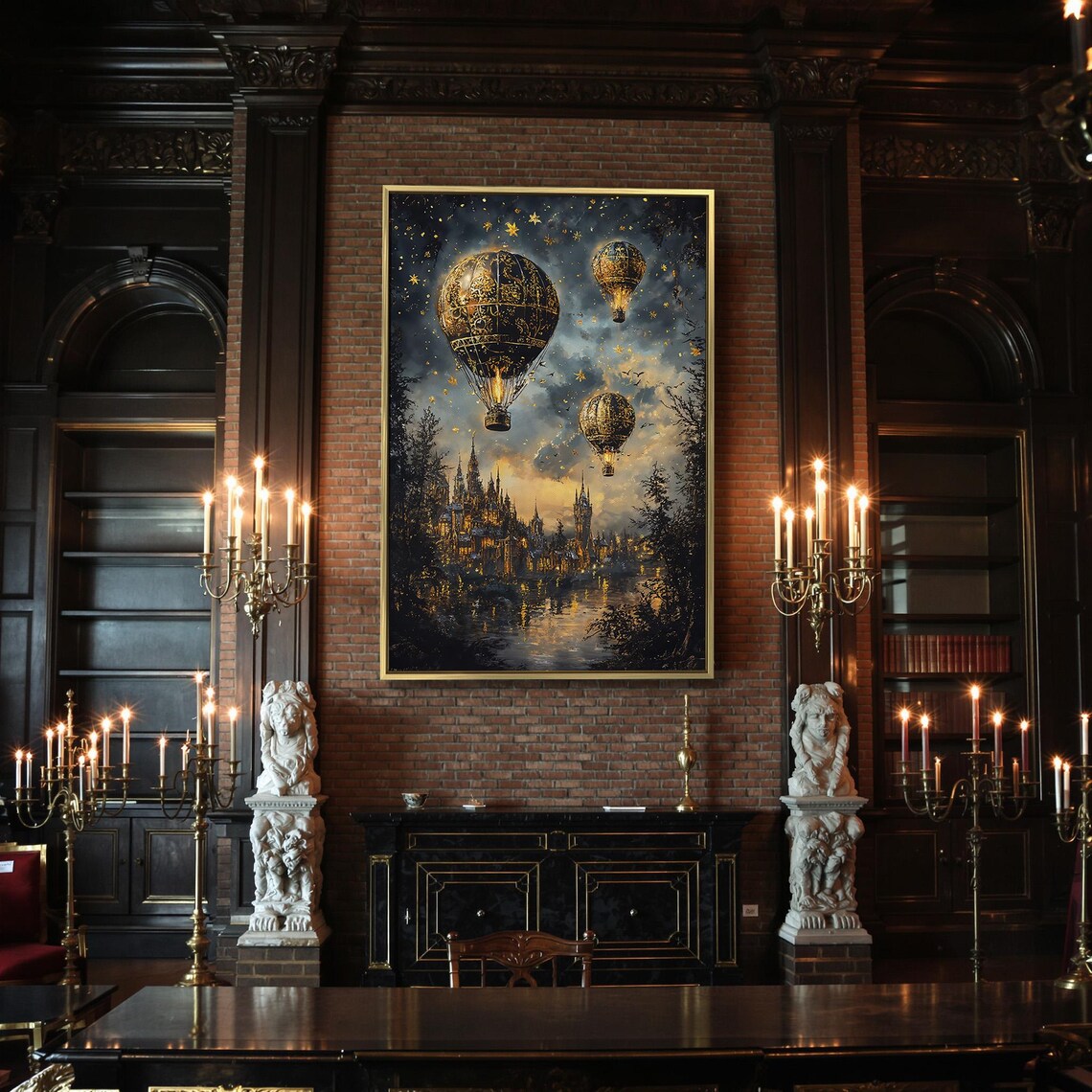 Golden Steampunk Hot Air Balloons Over Medieval City Starry Night Poster - Image 2