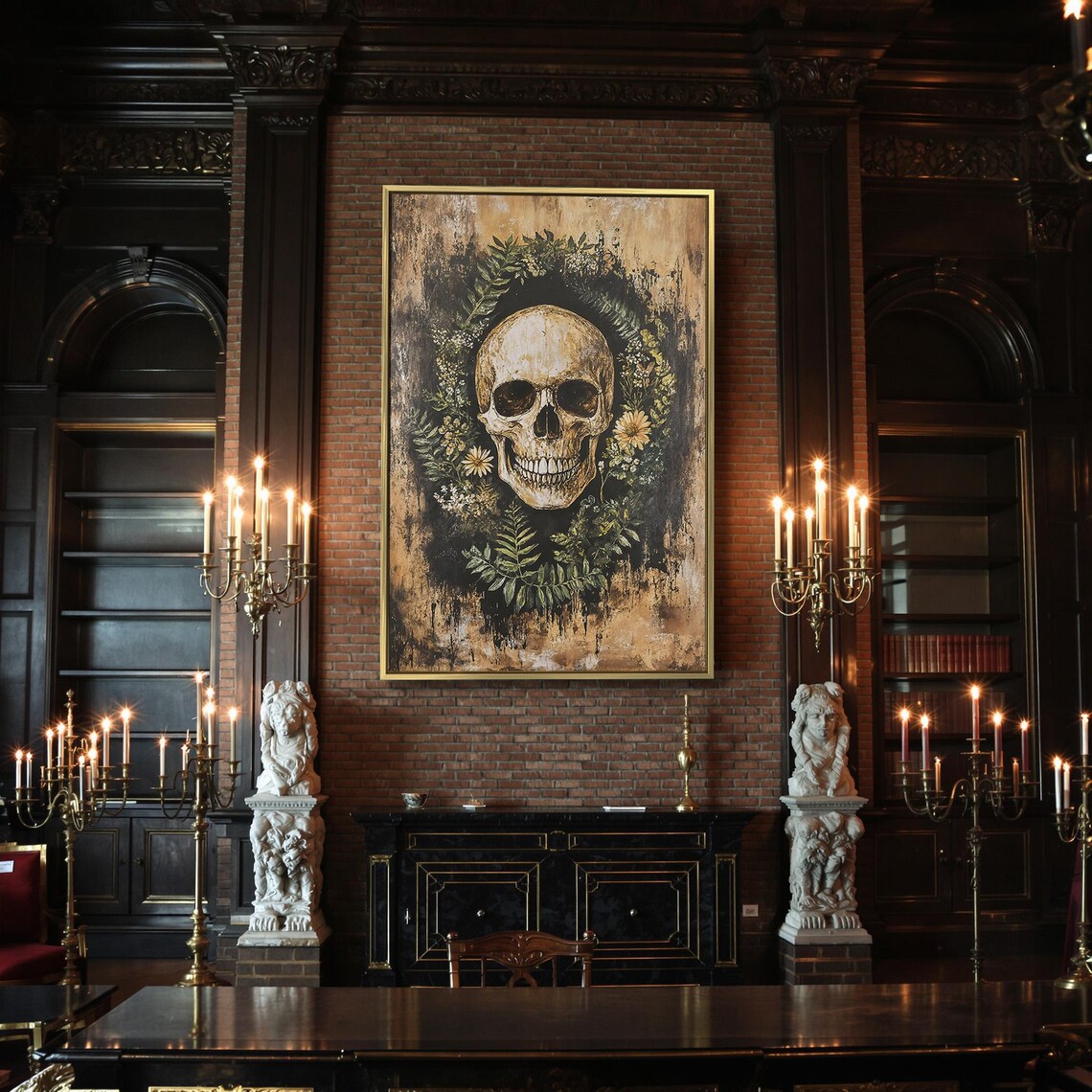 Skull Green Fern Wreath Wildflowers Grungy Dark Gothic Memento Mori Wall Art - Image 2