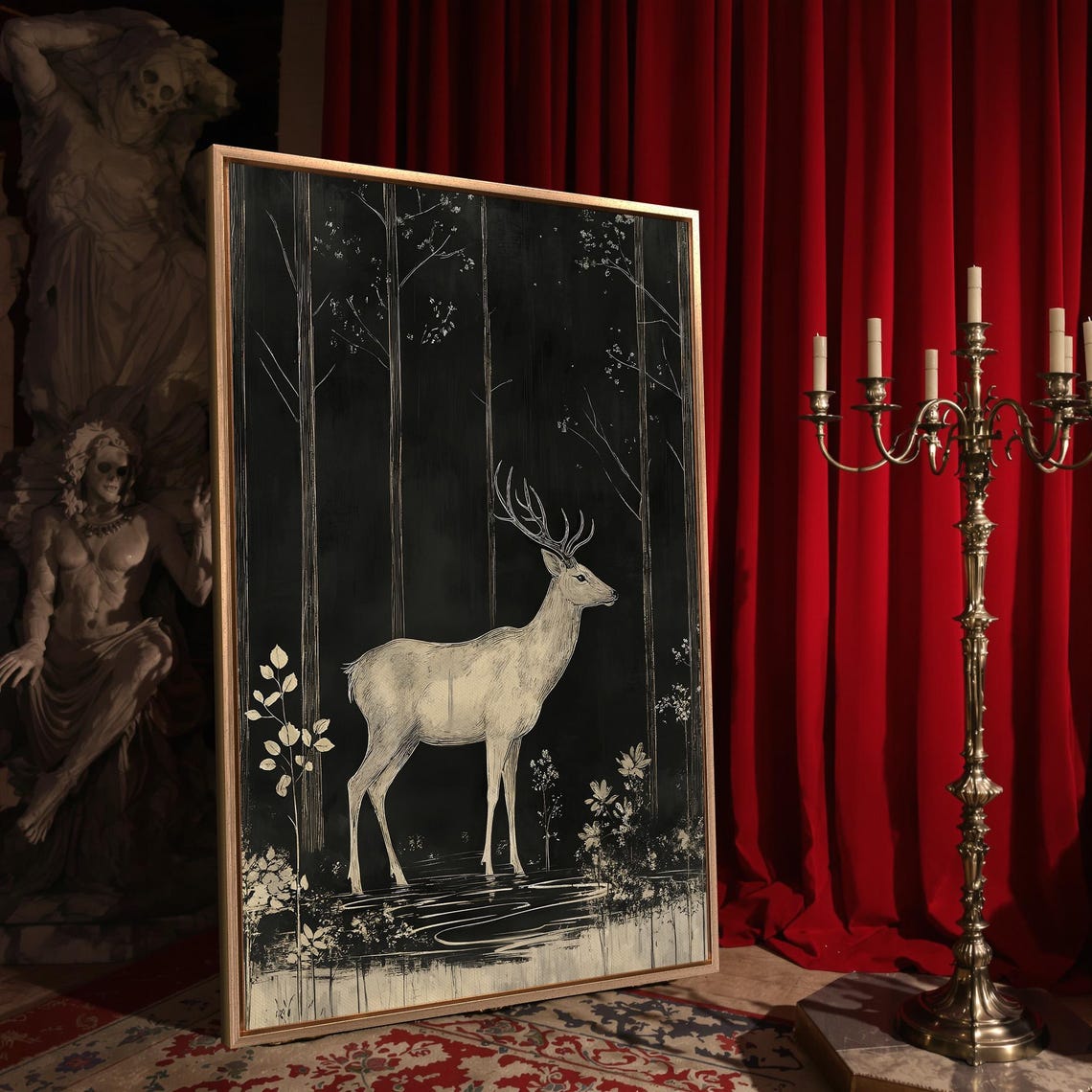 White Stag Standing In Dark Black Forest Minimalist Night Scene Poster - Image 4