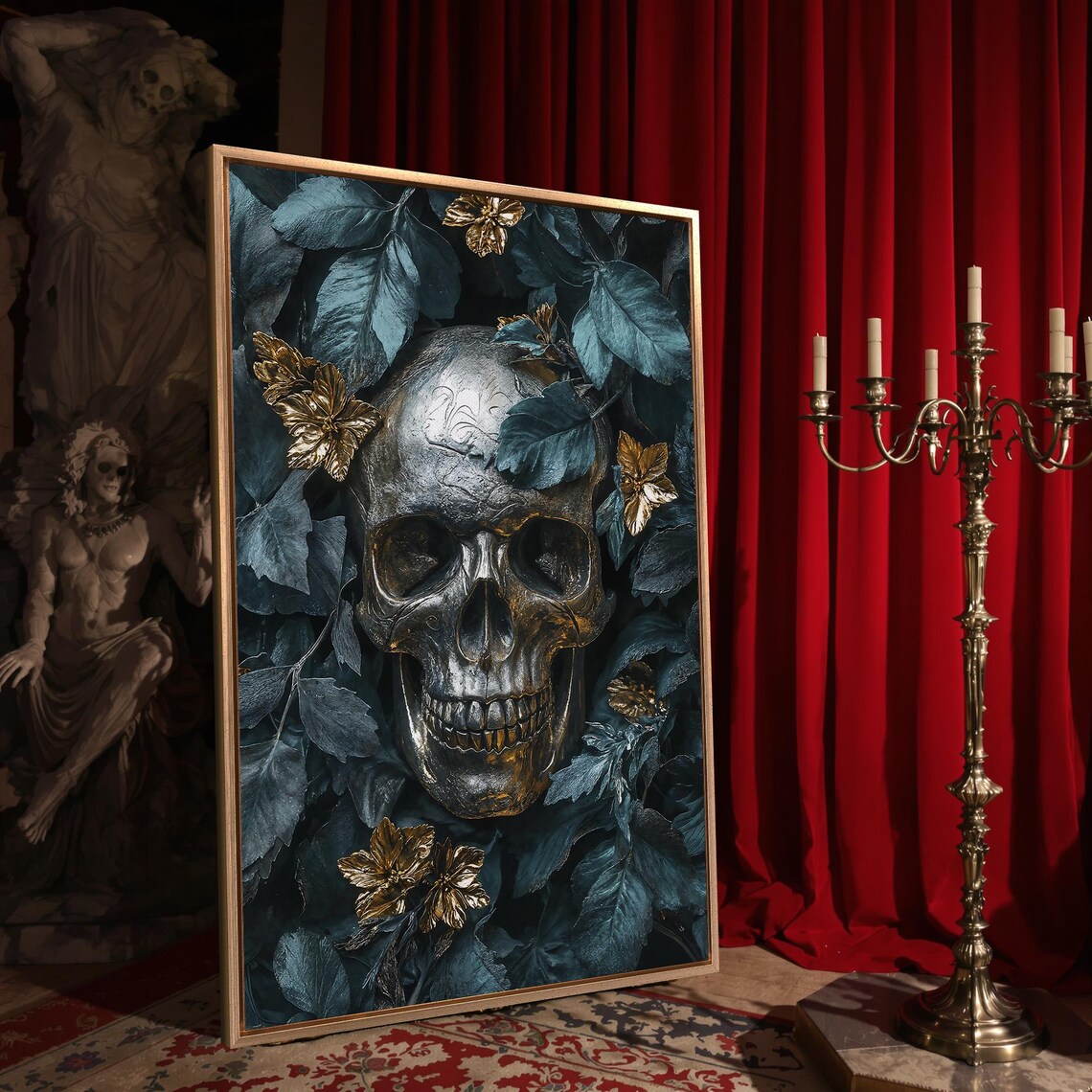 Metallic Skull Teal Leaves Gold Flowers Gothic Memento Mori Dark Wall Art - Image 4