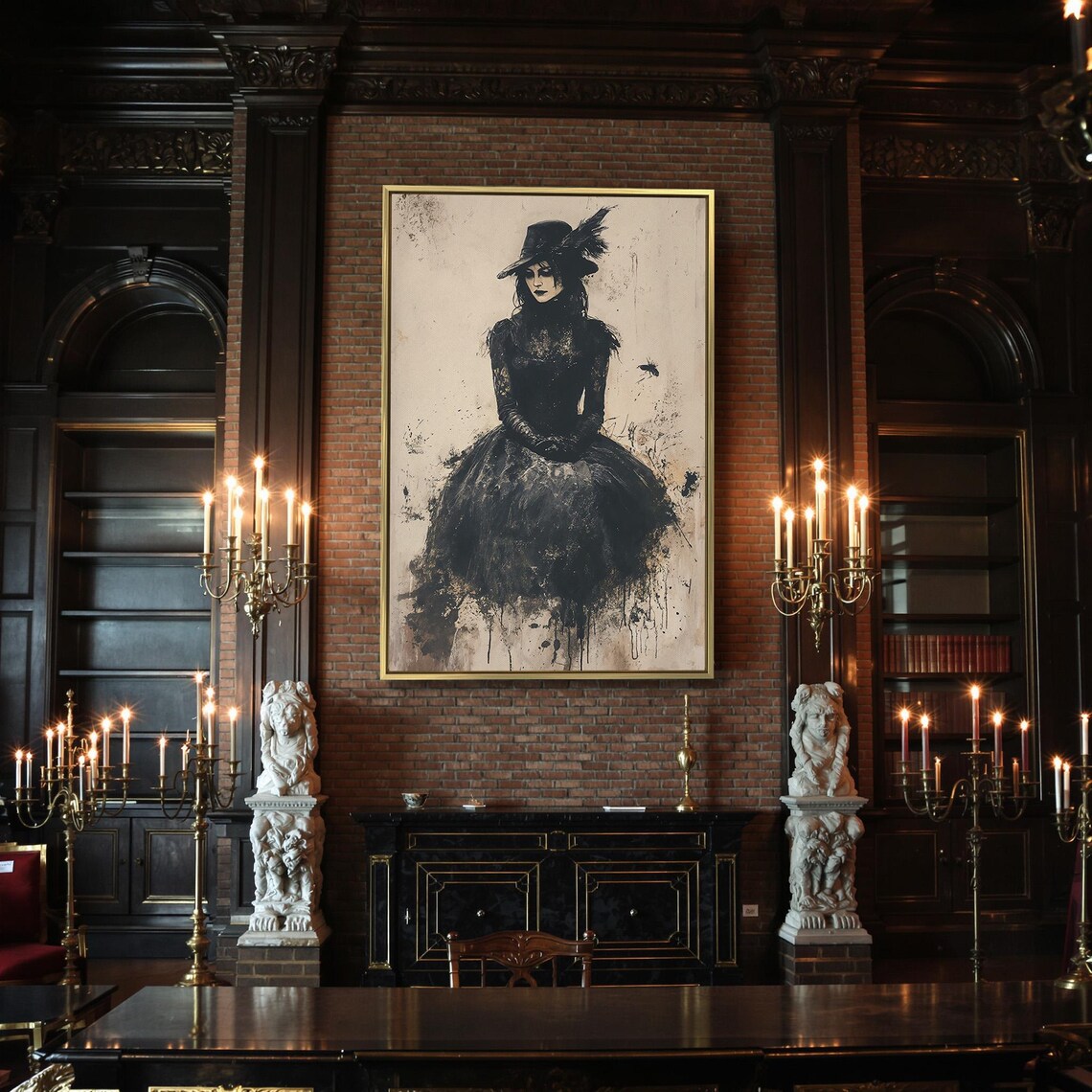 Gothic Victorian Woman In Black Dress And Feather Hat Ink Splatter Poster - Image 2
