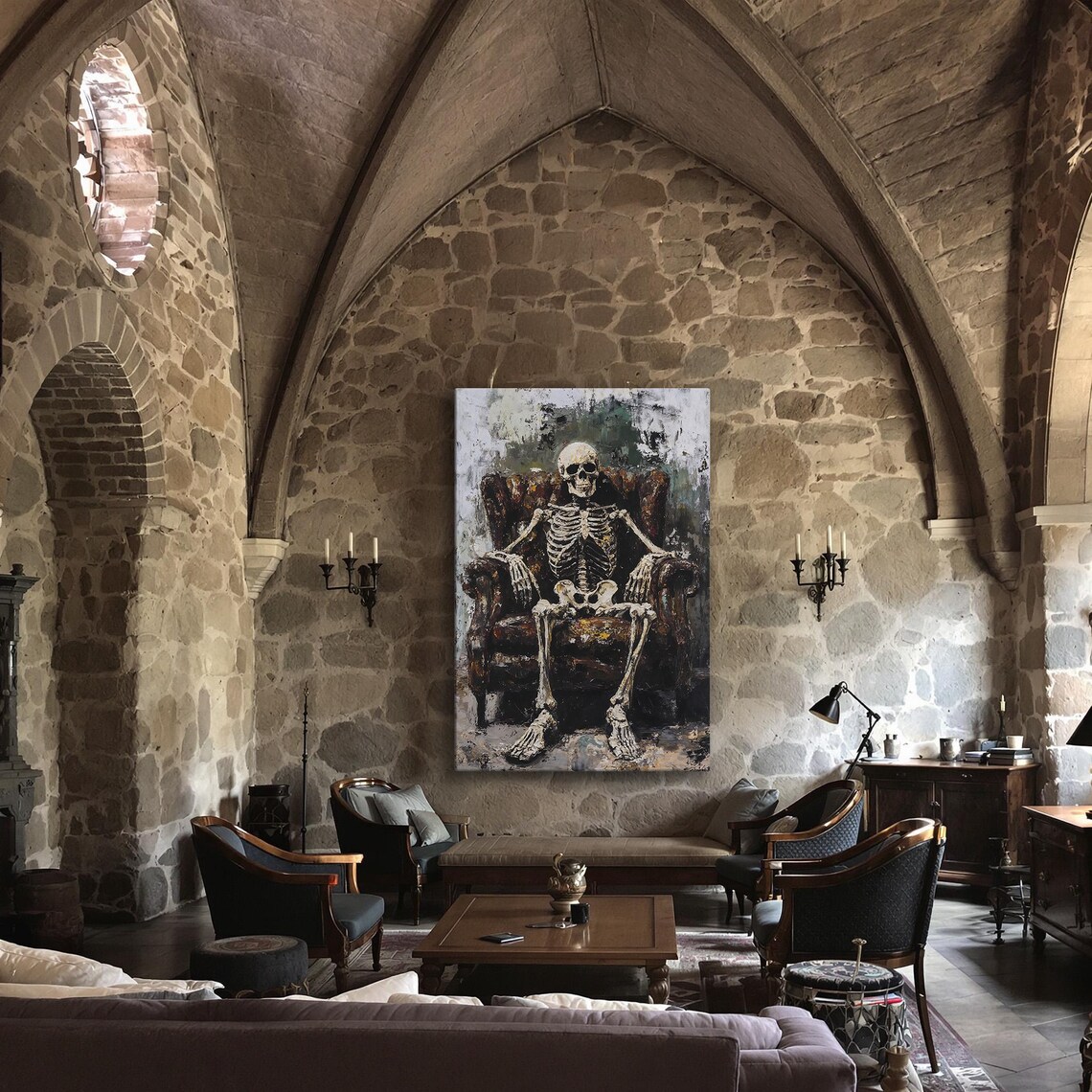 Skeleton Seated In Vintage Armchair Gothic Painterly Macabre Art Poster - Image 3