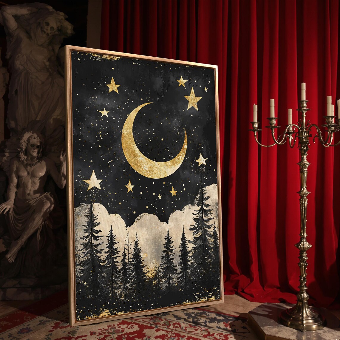 Gold Crescent Moon Stars Pine Forest Gothic Celestial Night Sky Wall Poster - Image 4