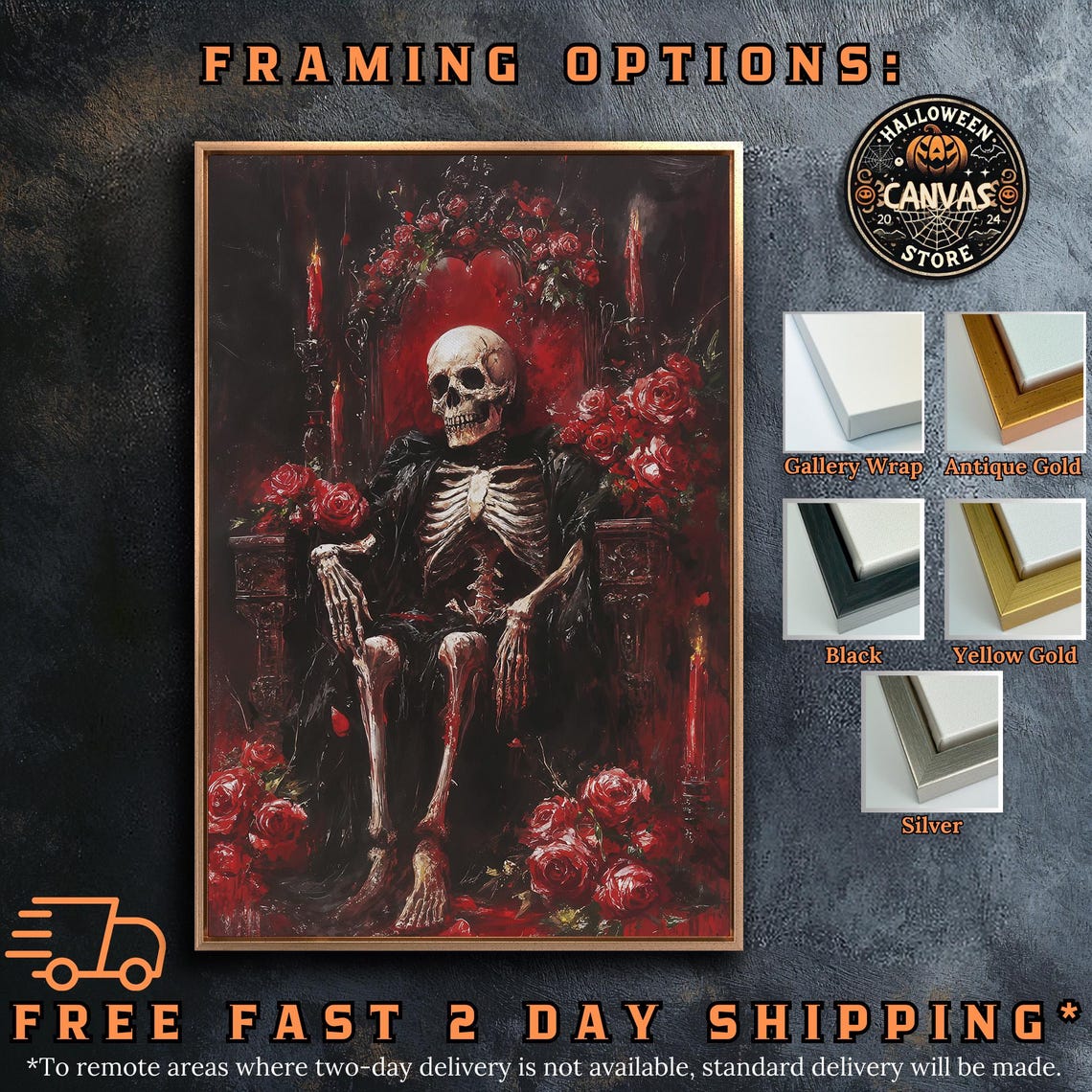 Skeleton King Seated on Throne Surrounded by Red Roses Art Poster - Image 5