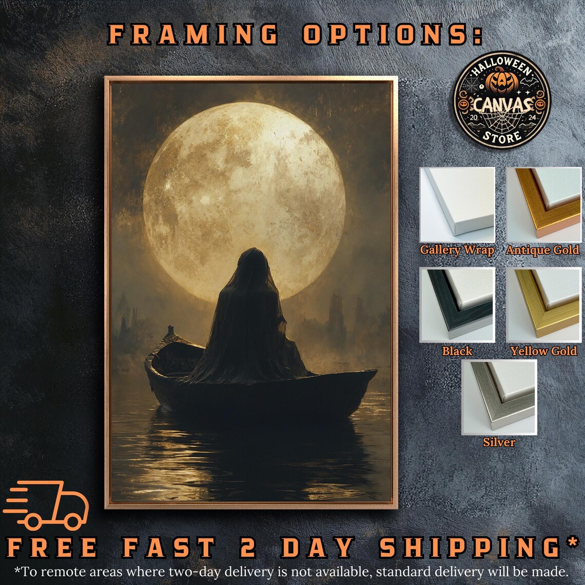 Cloaked Figure In Boat Beneath Giant Golden Moon Mist Poster - Image 5