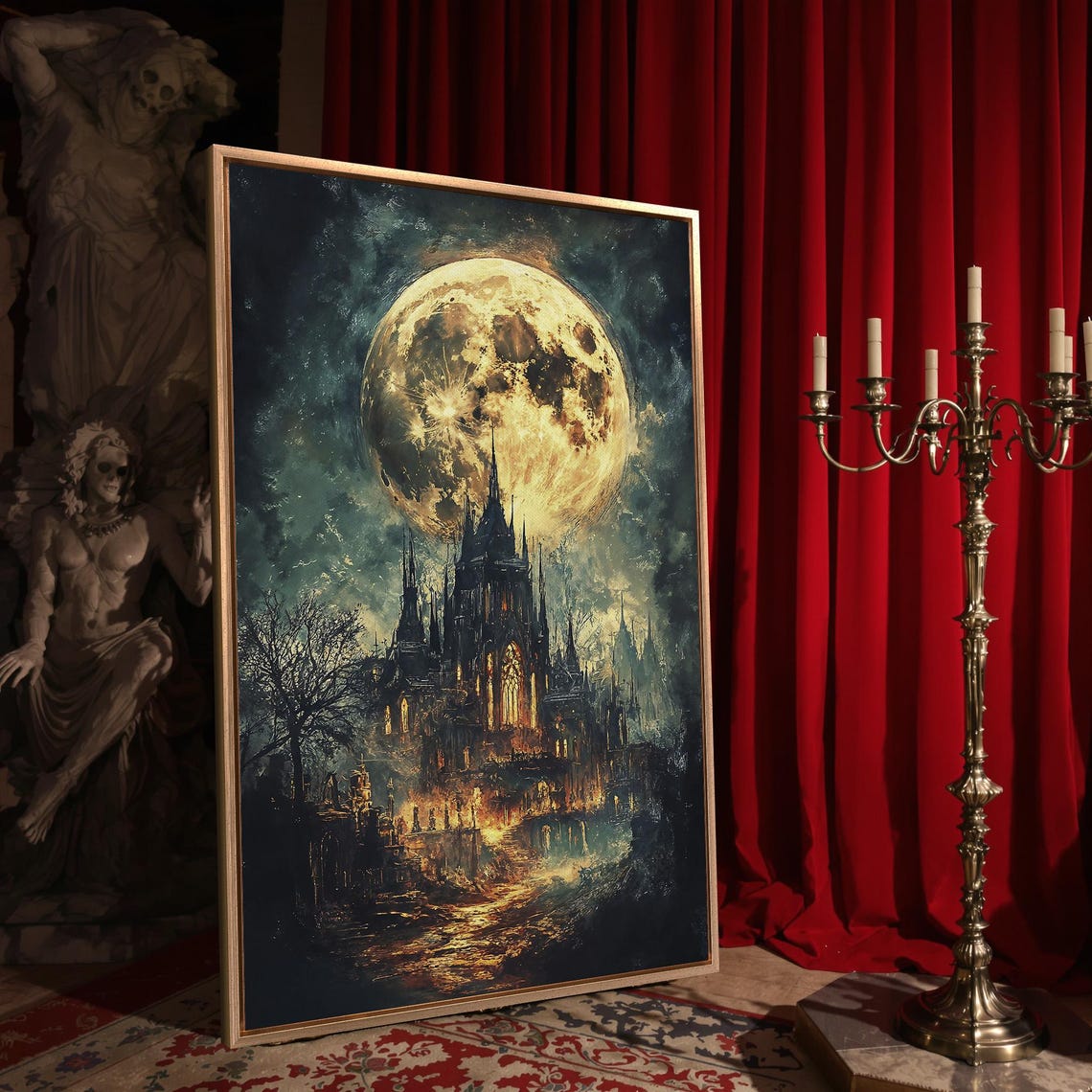 Dark Gothic Cathedral Beneath Giant Full Moon Night Sky Poster - Image 4