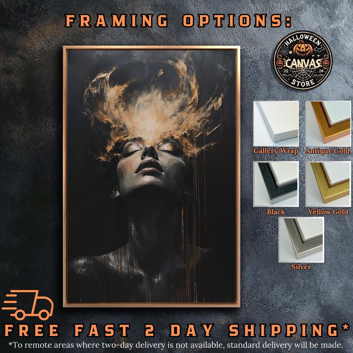 Moody Female Portrait Golden Brushstrokes Dramatic Dark Emotional Art Print - Image 4