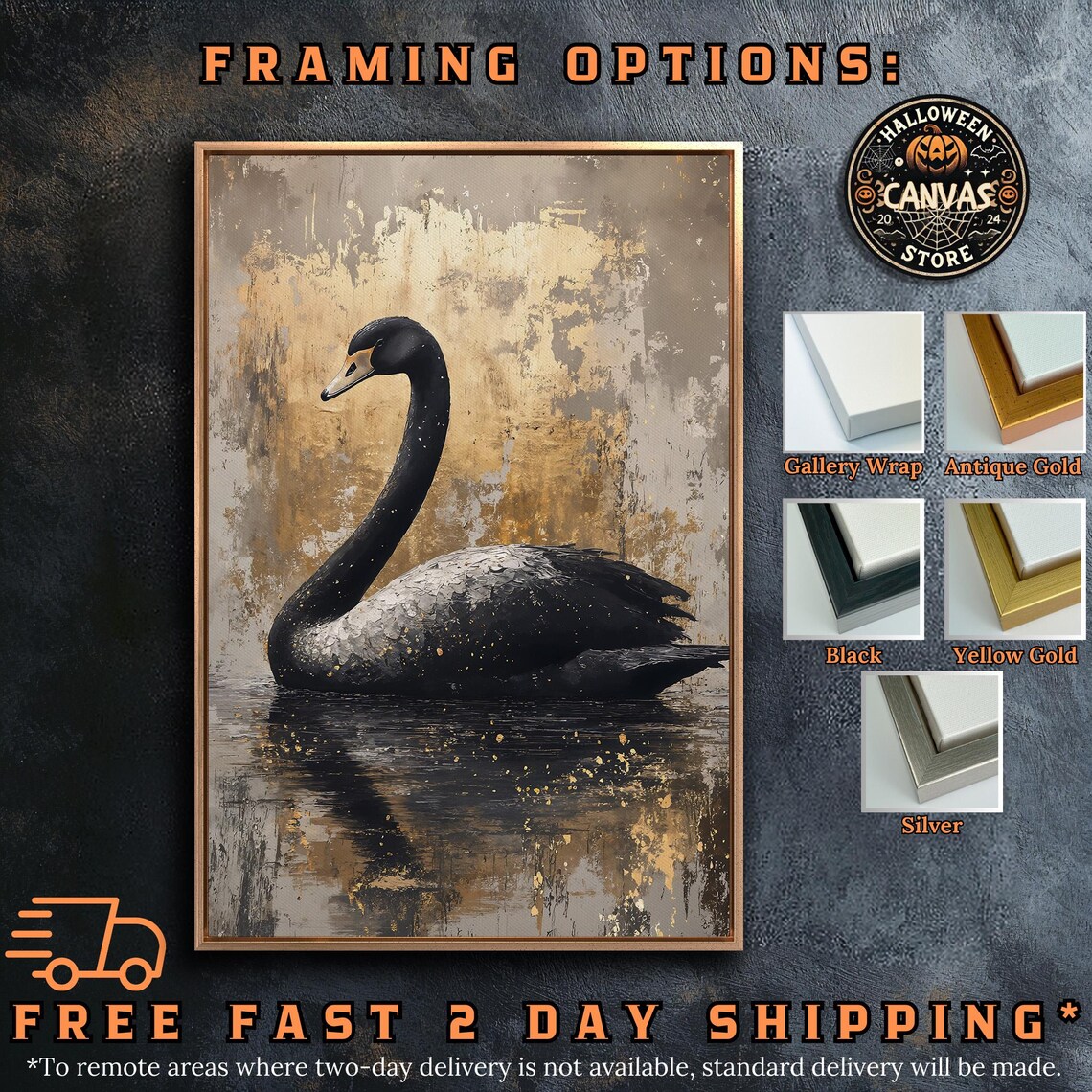 Elegant Black Swan On Dark Water With Golden Abstract Background Poster - Image 5