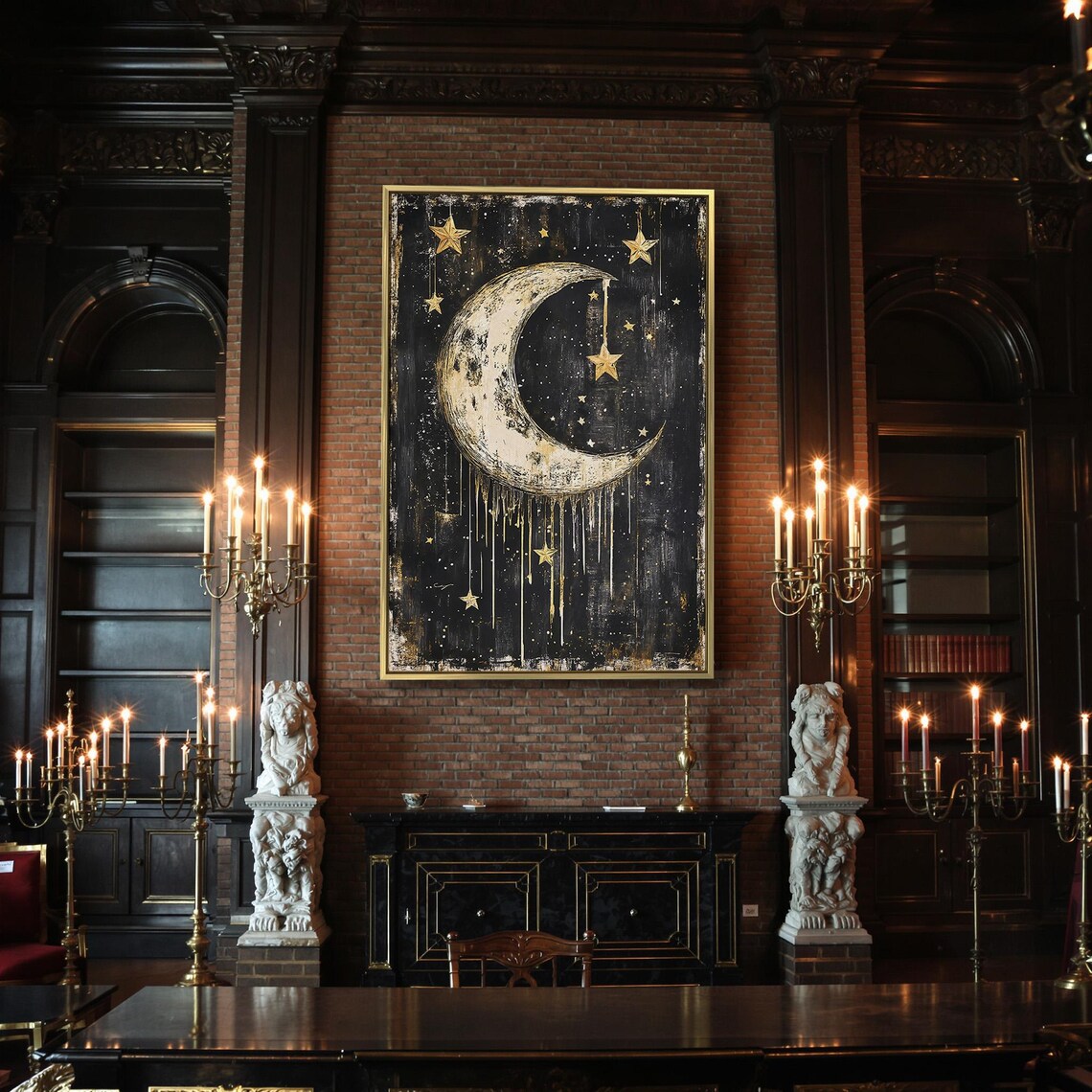 Crescent Moon With Hanging Gold Stars Dripping Black Celestial Art Poster - Image 2