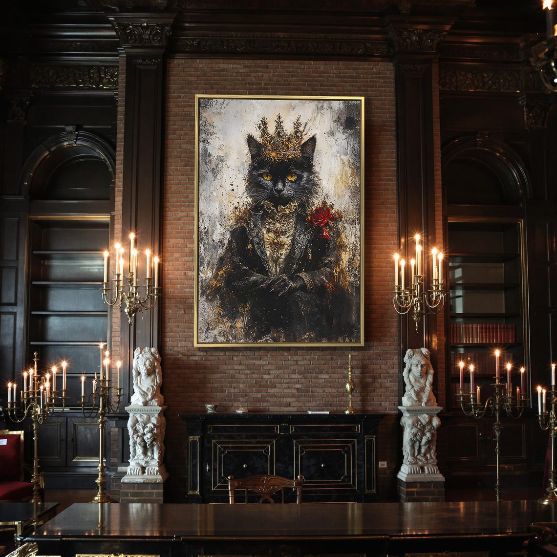 Royal Black Cat With Crown Red Rose Painterly Feline Portrait Poster - Image 2